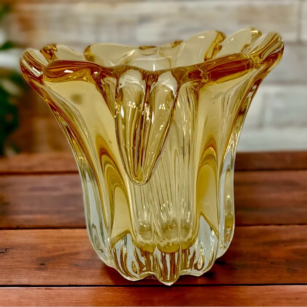 Amber Hand Blown Glass Sommerso Waterfall Vase